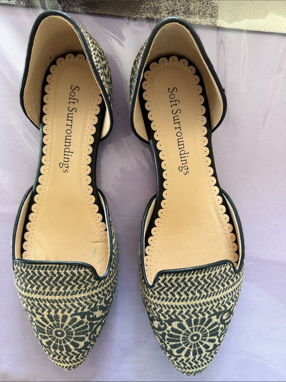 Soft Surroundings Black and Natural Patterned Pointed D'Orsay Flats